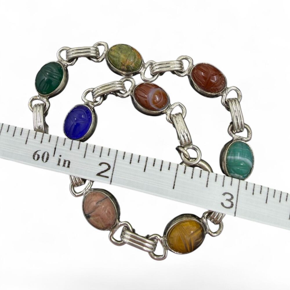 Vintage Gold Filled Scarab Bracelet Genuine Stones Chalcedony Onyx Tiger Eye - Picture 7 of 8